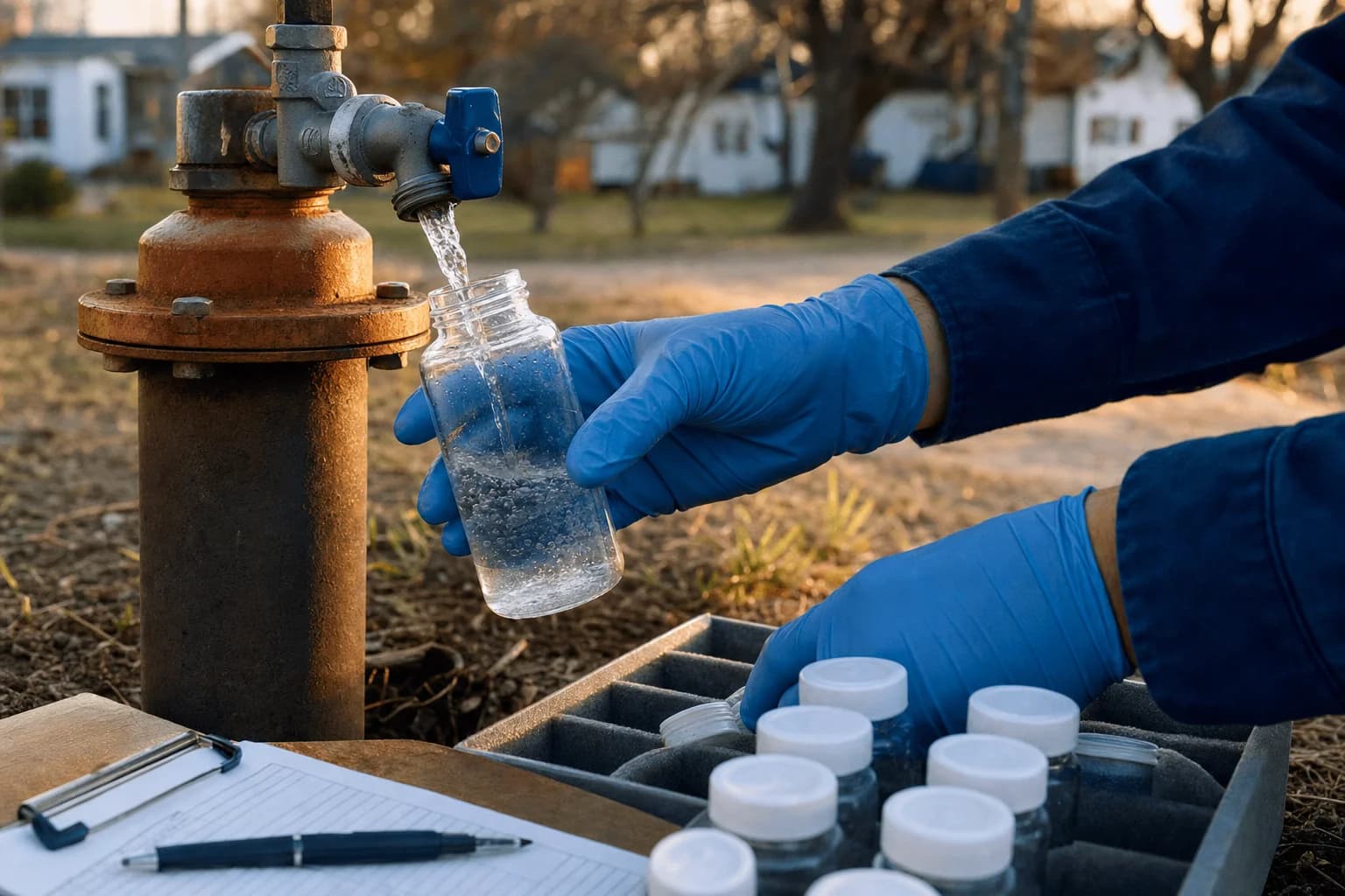 Water sample bottles and a test kit on a workbench beside a wellhead