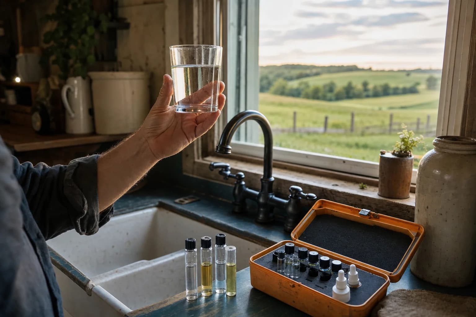 Homeowner checking water quality at a residential wellhead