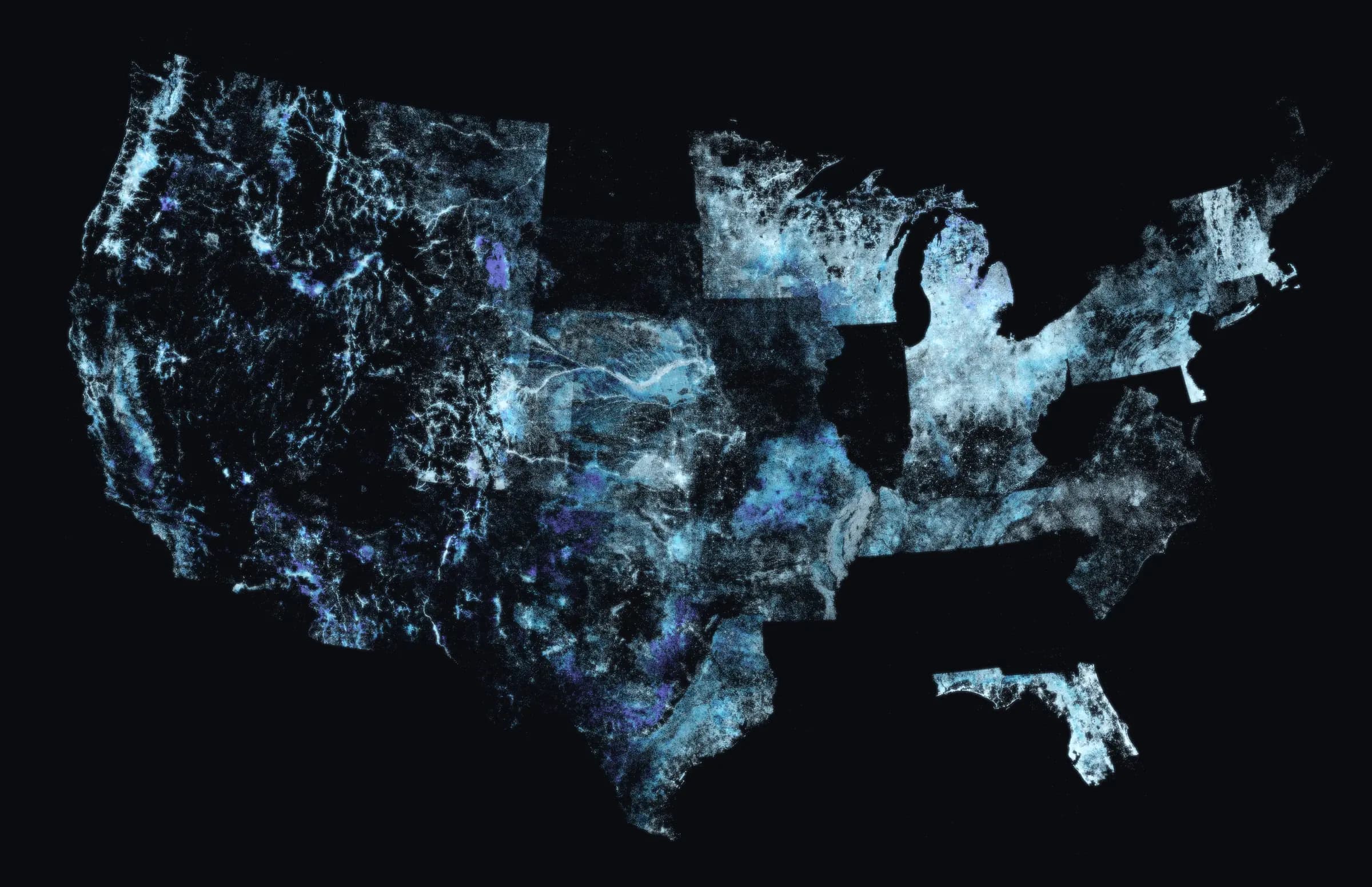 9.5 million static water level measurements from the DrillerDB database. Color shows depth to water (light = near-surface water, indigo = deepest water tables).