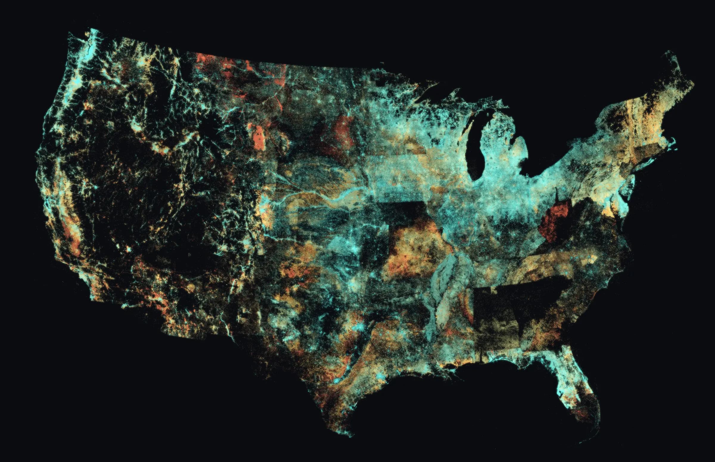 The continental United States drawn entirely from 15.9 million water well locations in the DrillerDB database. No base map: every point of light is a real well record. Color shows well depth (teal = shallow, amber = deeper, red = deepest).