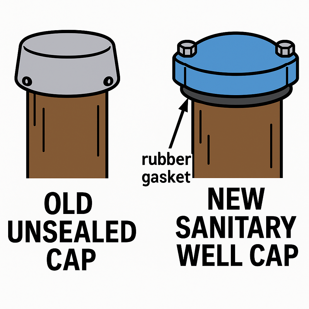 Cutaway diagram comparing standard and sanitary well caps