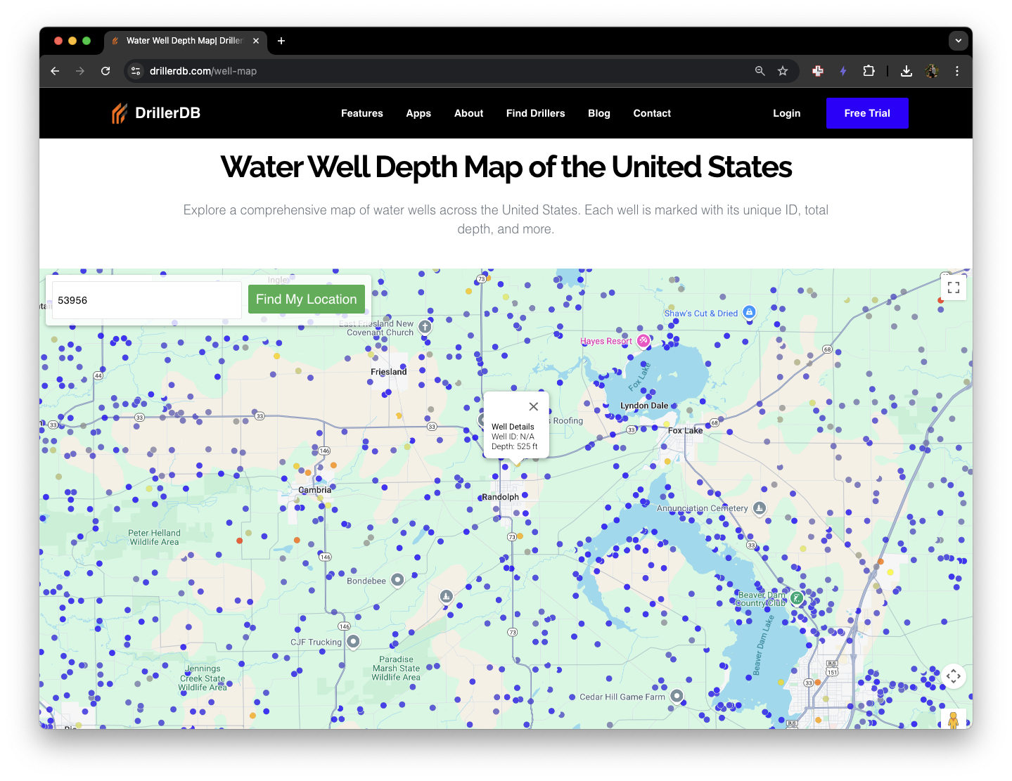 Colour‑coded well depths mapped across a ZIP code