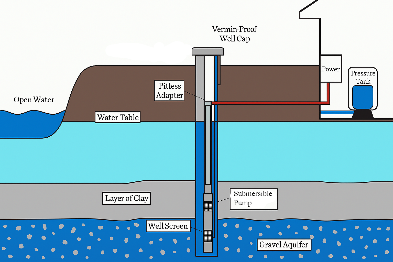 Detailed diagram of a residential water well system showing all major components