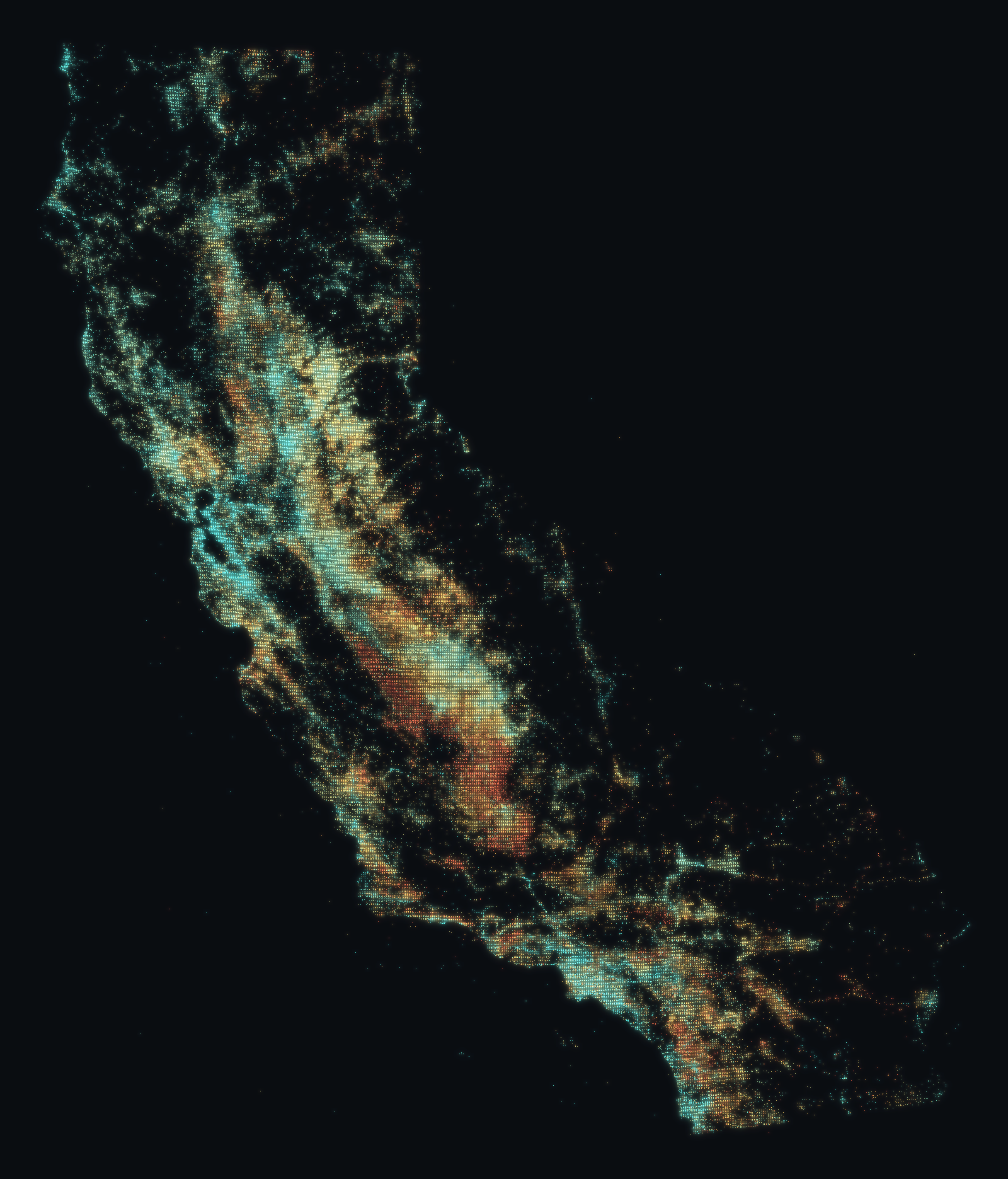 California drawn from 1,051,746 water wells; brightness shows well density and color shows typical well depth