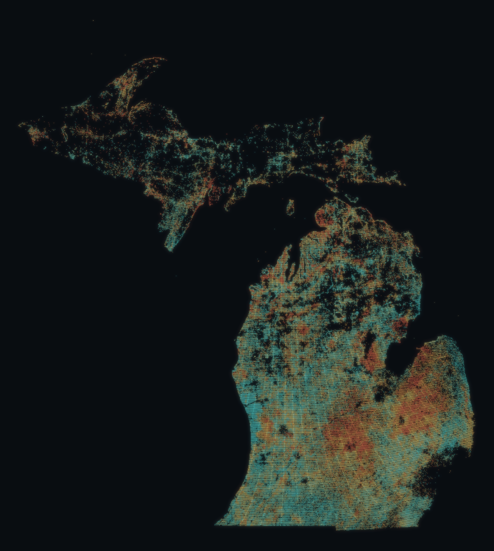 Michigan drawn from 1,171,154 water wells; brightness shows well density and color shows typical well depth