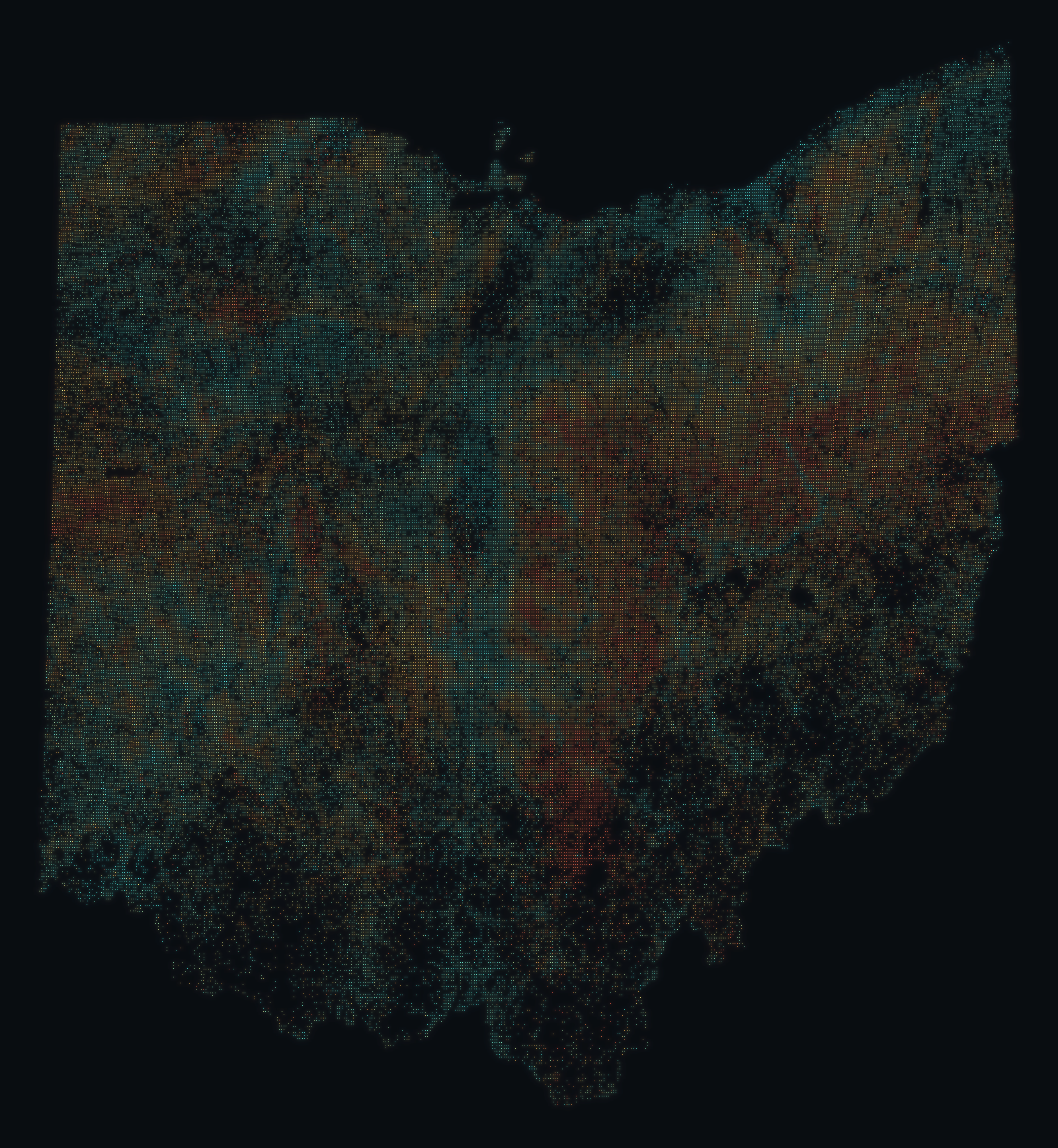Ohio drawn from 872,000 water wells; brightness shows well density and color shows typical well depth