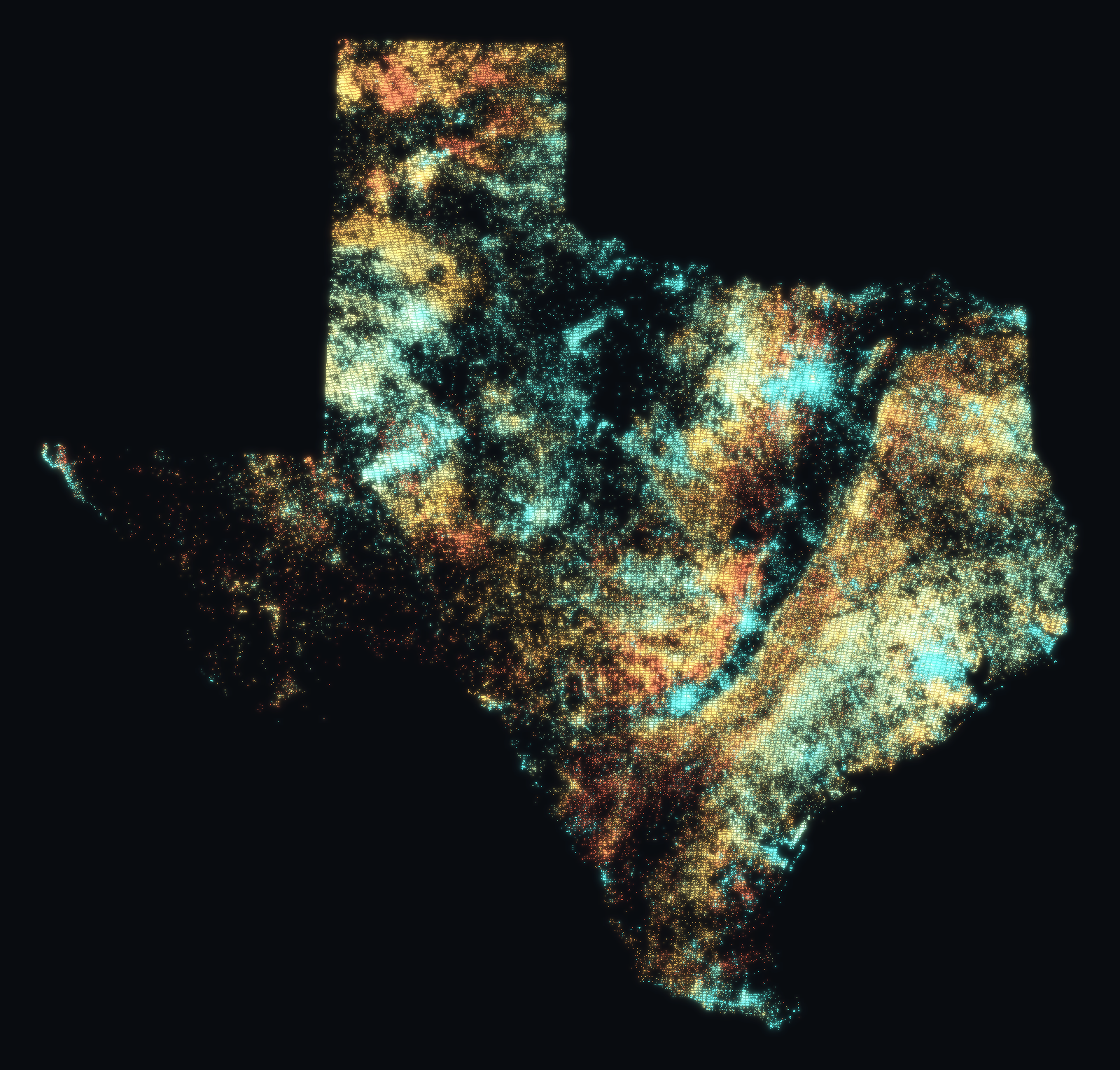 Texas drawn from 705,947 water wells; brightness shows well density and color shows typical well depth