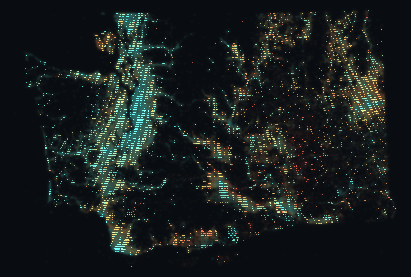 Washington drawn from 1,186,928 water wells; brightness shows well density and color shows typical well depth