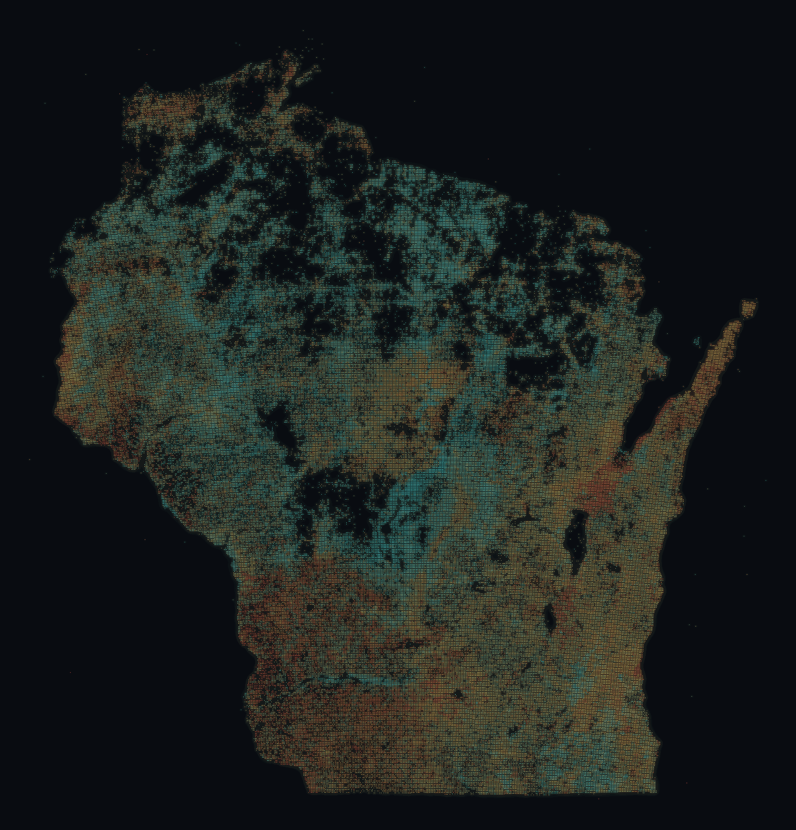 Wisconsin drawn from 872,087 water wells; brightness shows well density and color shows typical well depth