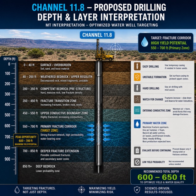 Example Precision Well Locating survey report: proposed drilling depth and layer interpretation with a target fracture corridor and projected water yield